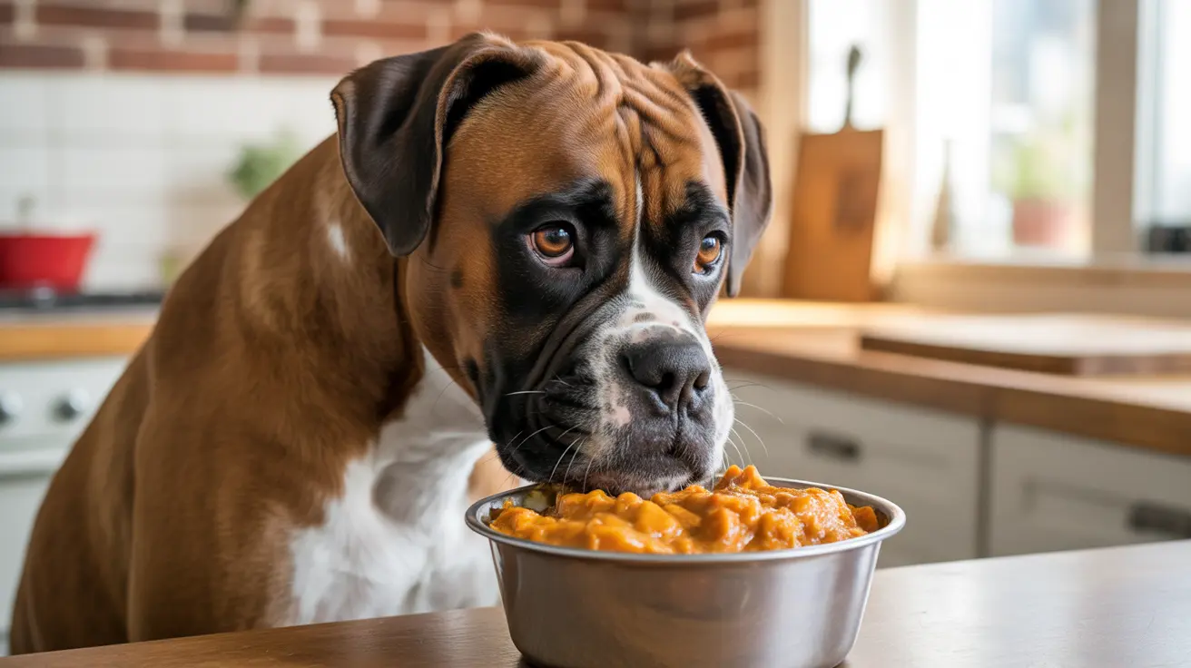 Boxer dog looking intently at a bowl of orange-yellow food in a kitchen