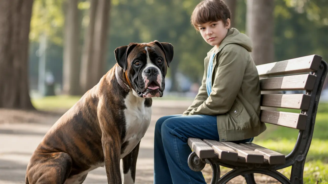 A Boxer dog sitting calmly next to a young boy on a park bench surrounded by trees