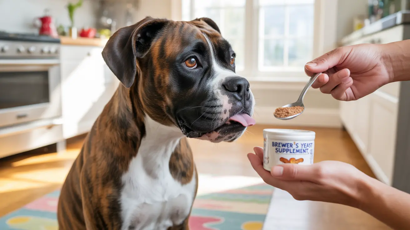 Um cachorro Boxer recebendo uma colher de suplemento de levedura de cervejeiro em uma cozinha