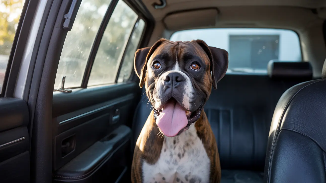 Boxer dog sitting in back seat of car, tongue out, alert and happy