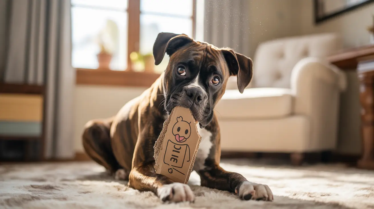 Boxer dog sitting on carpet holding a cardboard sign with a stick figure drawing in its mouth