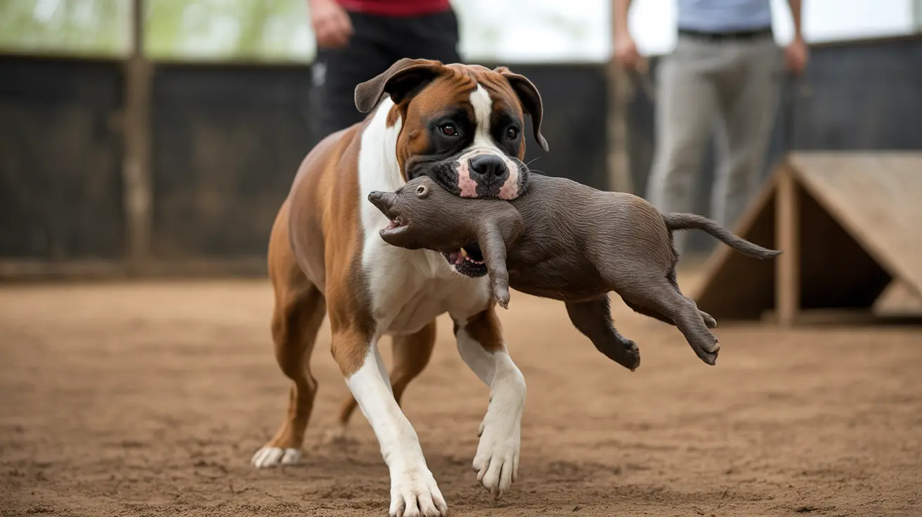 A Boxer dog carrying a gray puppy in its mouth in a training area or kennel
