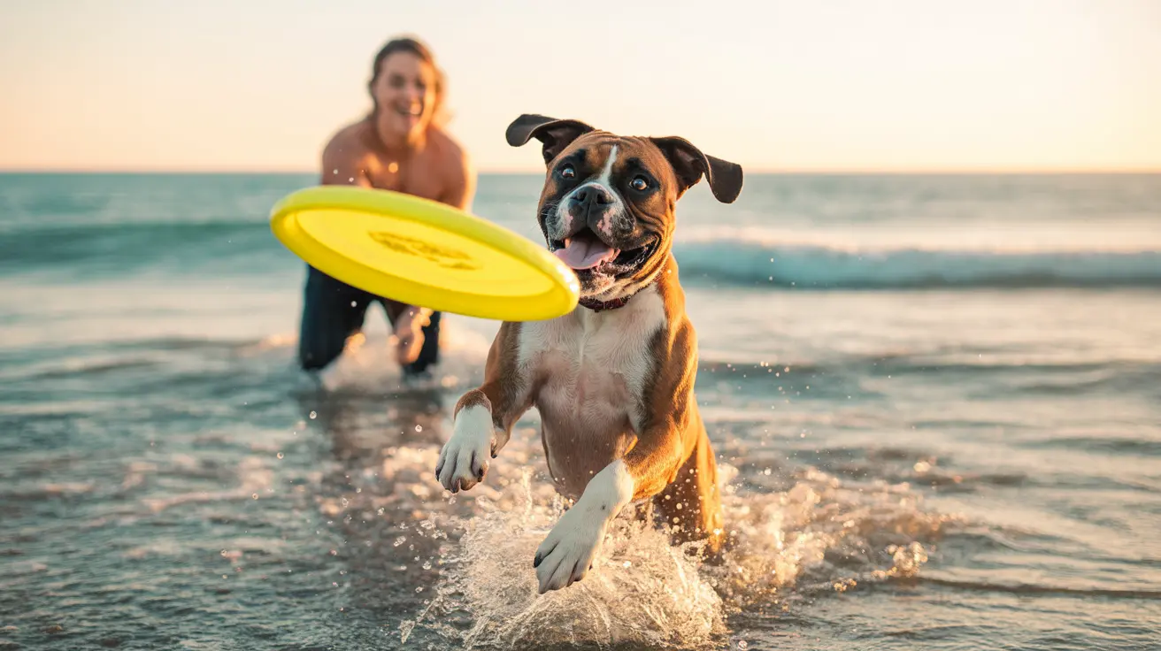 A playful Boxer dog catching a bright yellow frisbee while splashing through ocean waves at sunset