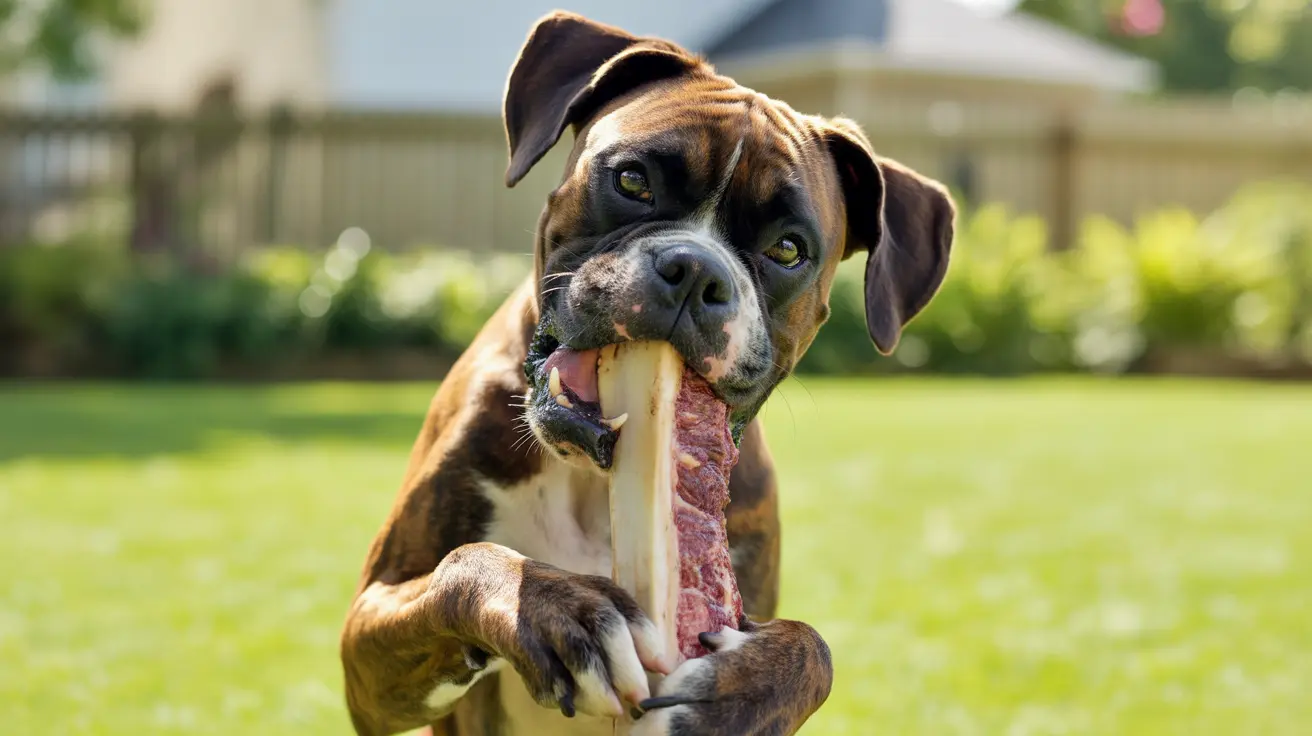 A Boxer dog enthusiastically chewing on a large raw bone in a sunny backyard