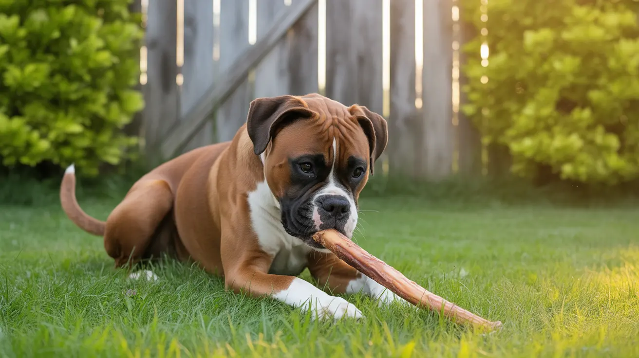 Boxer dog lying on green grass in backyard chewing a large bully stick
