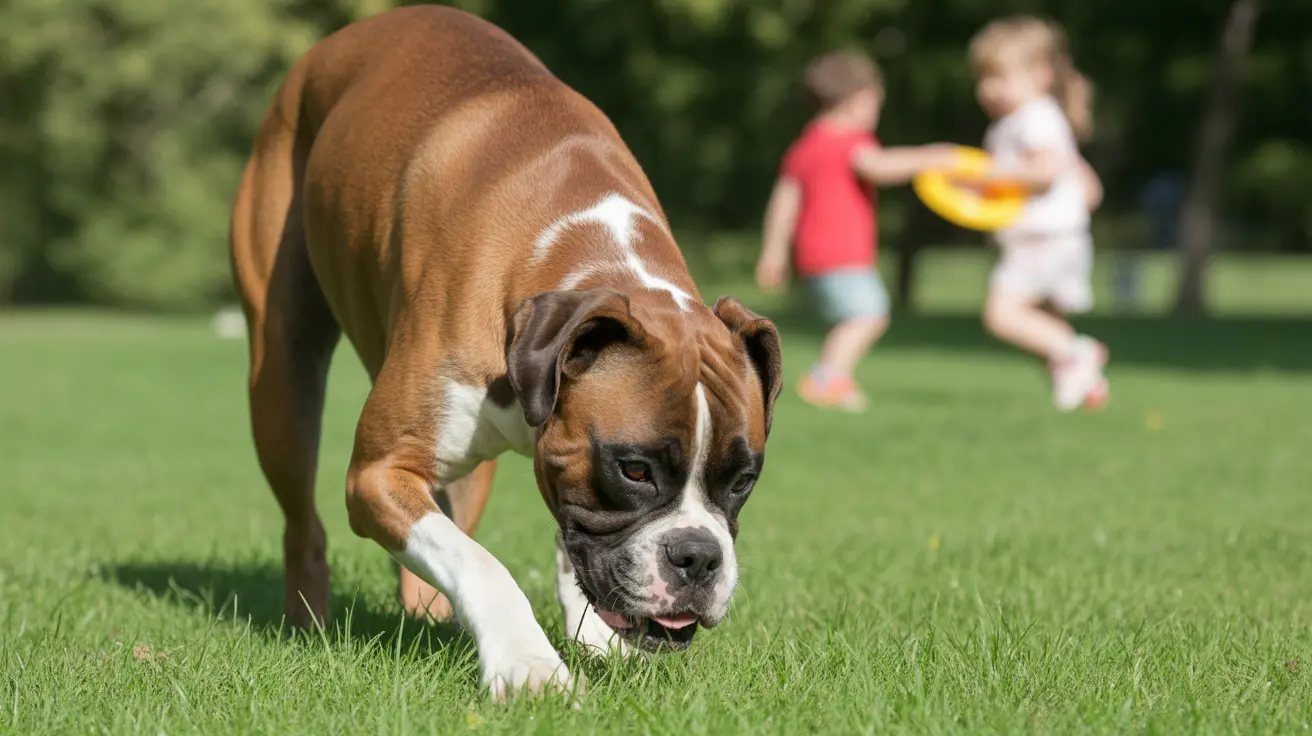 A Boxer dog standing on green grass with children playing in the background