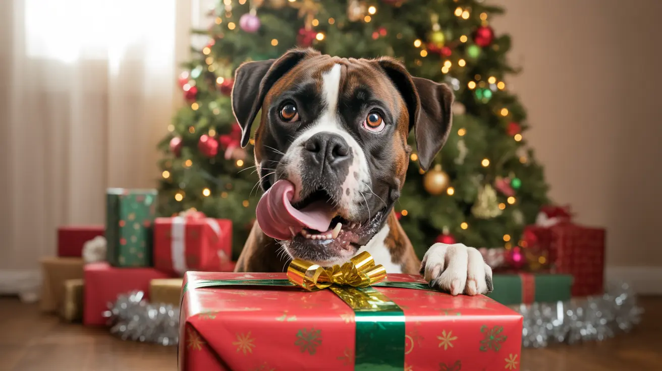 Boxer dog with paws on wrapped Christmas present in front of decorated holiday tree