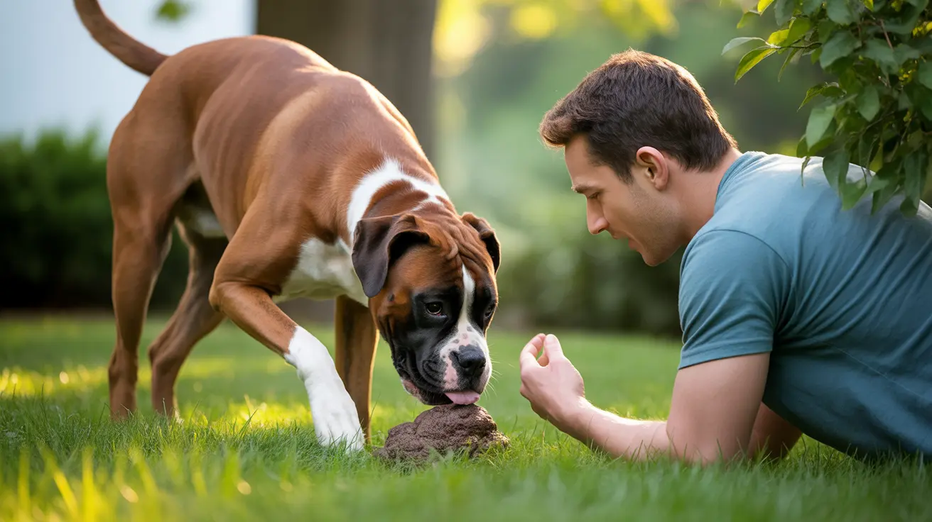 A Boxer dog and a person sitting on grass, with the dog investigating a mound of dirt
