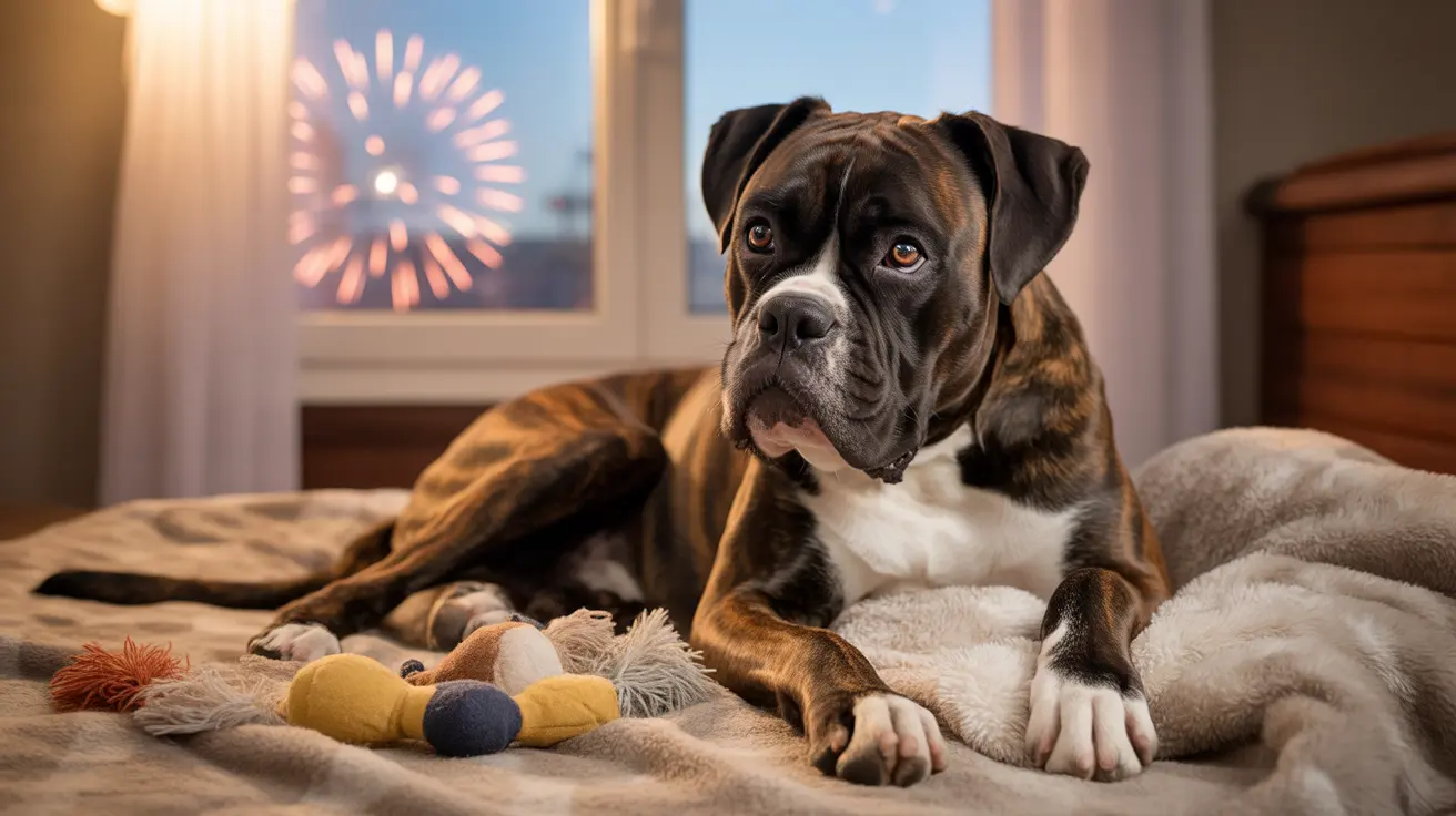 Un perro bóxer acostado cómodamente en un sofá con juguetes esparcidos alrededor mientras fuegos artificiales son visibles a través de la ventana detrás