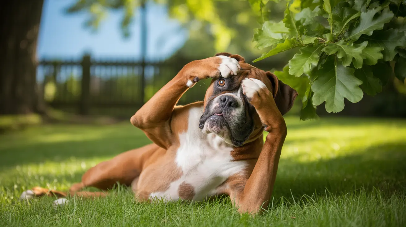 A Boxer dog covering its eyes with its paws while lying on green grass in a sunny backyard