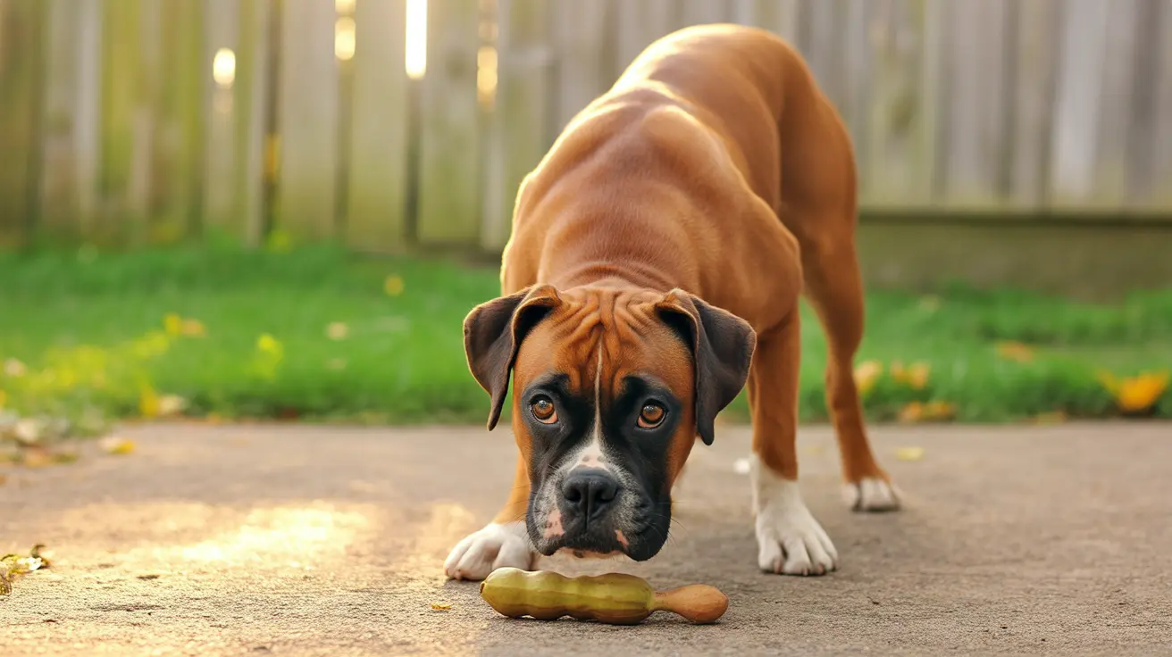 A Boxer dog crouching low with an intense gaze focused on a pickle-shaped dog toy