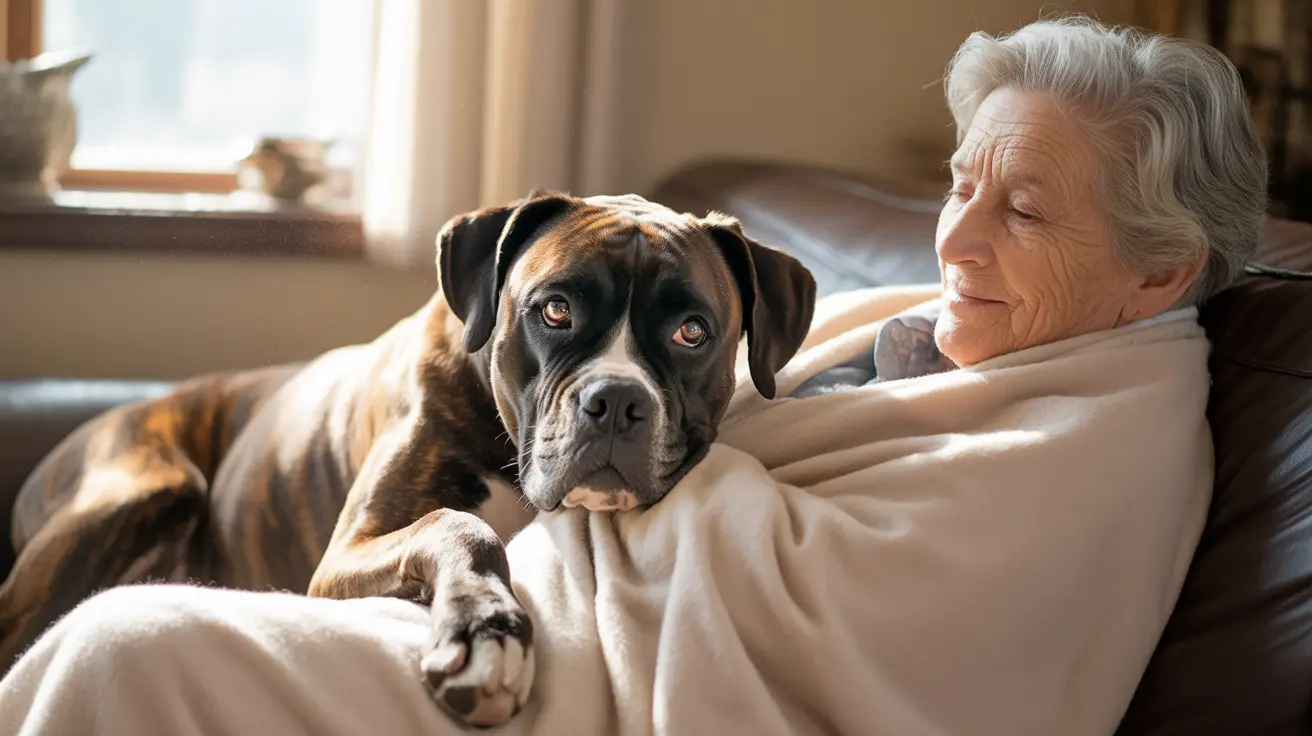 Boxer dog cuddling peacefully with elderly woman in sunlit living room