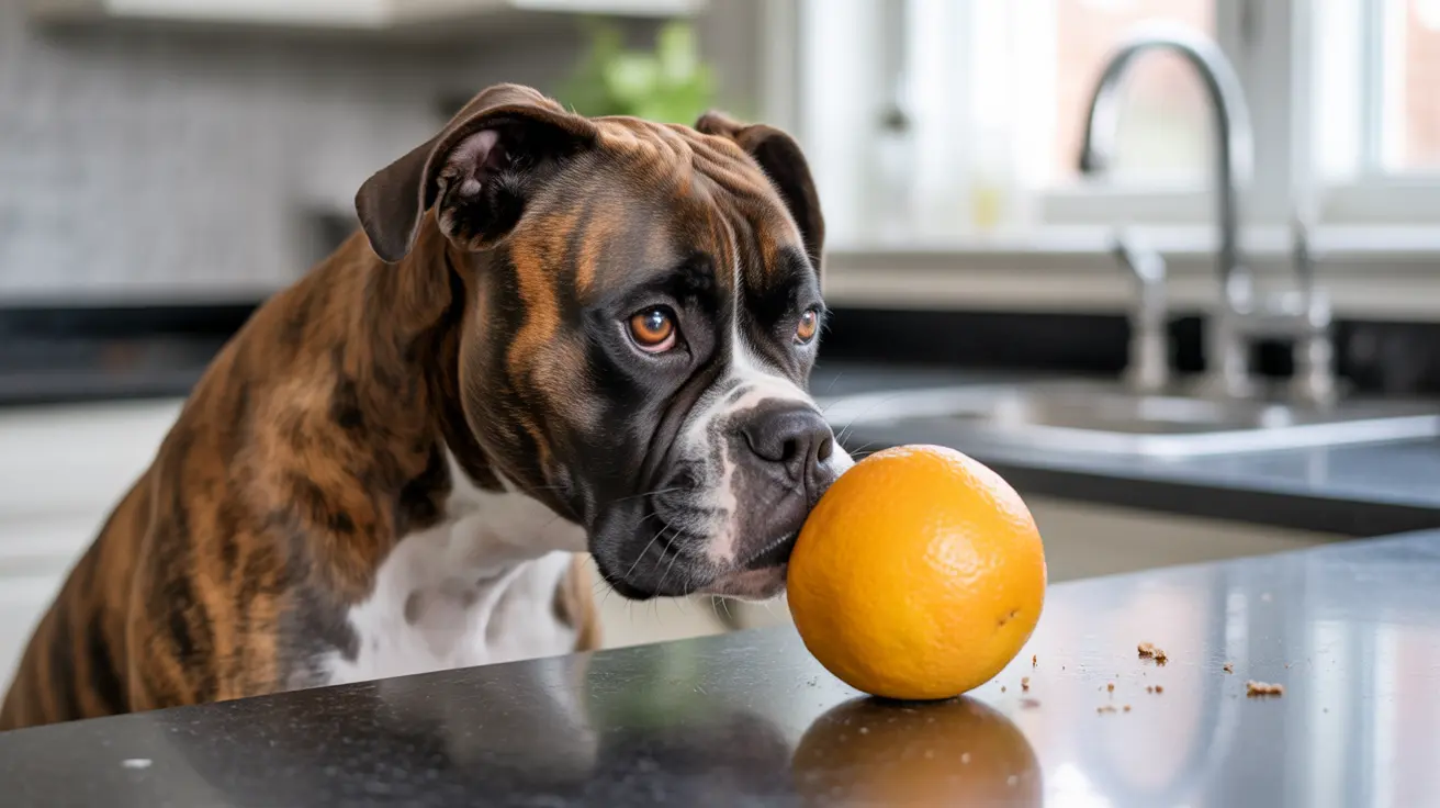 A Boxer dog curiously examining a bright yellow orange on a kitchen countertop