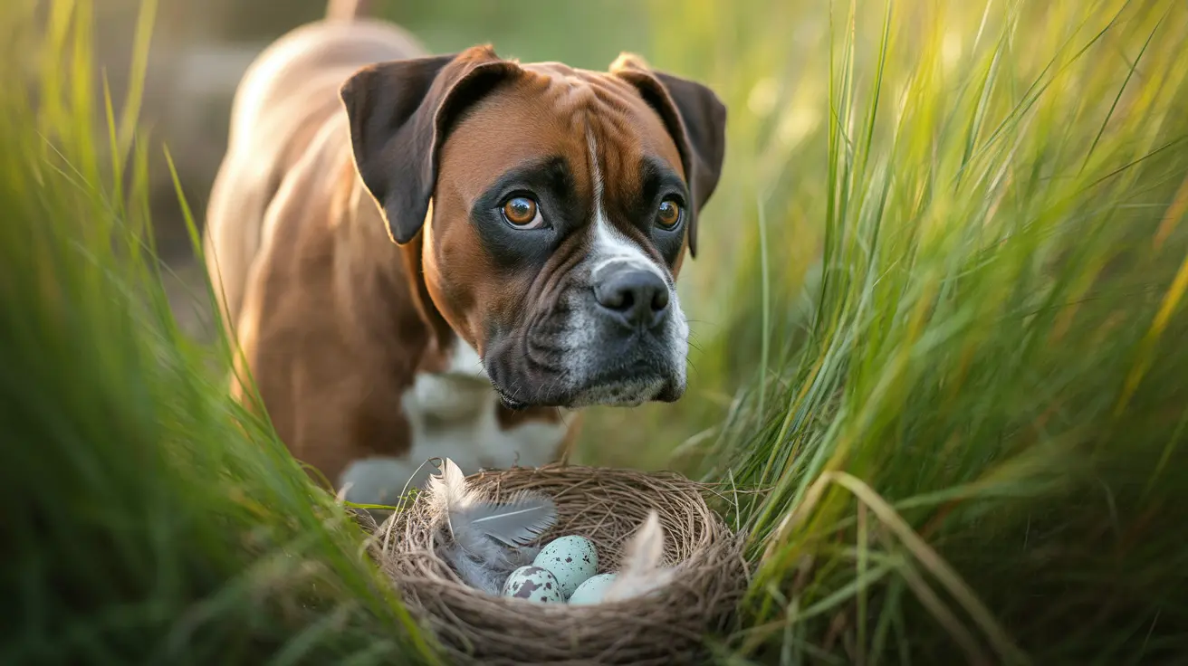 Boxer dog curiously looking at a bird's nest with blue eggs among tall grass