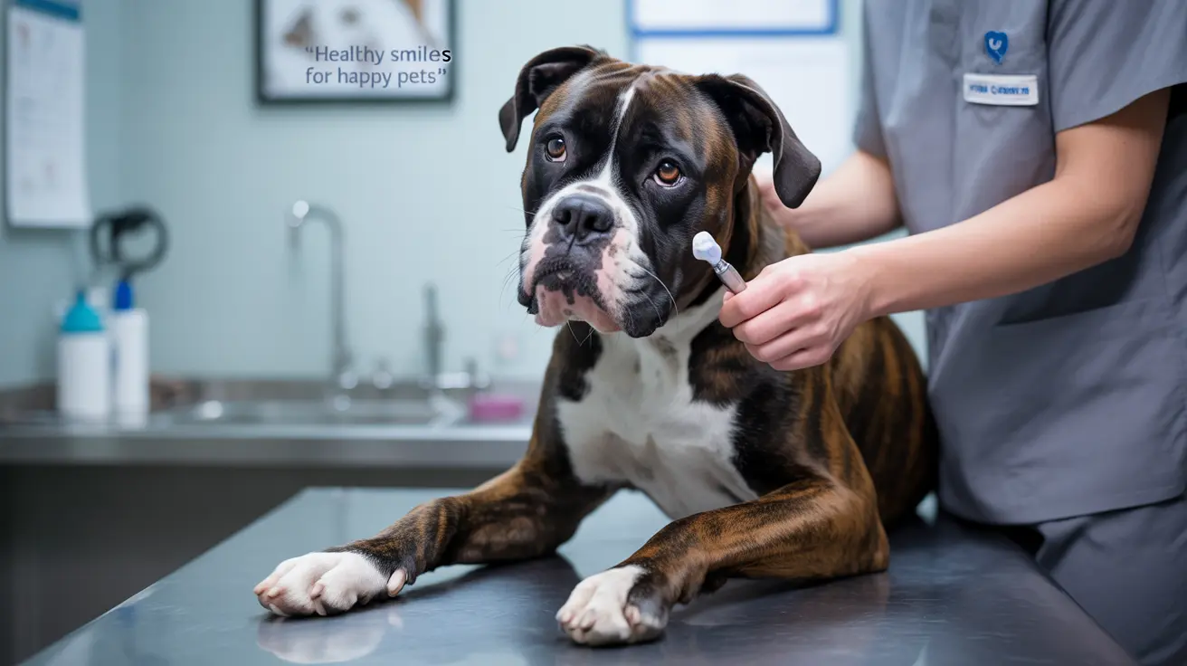 A Boxer dog receiving a dental examination at a veterinary clinic