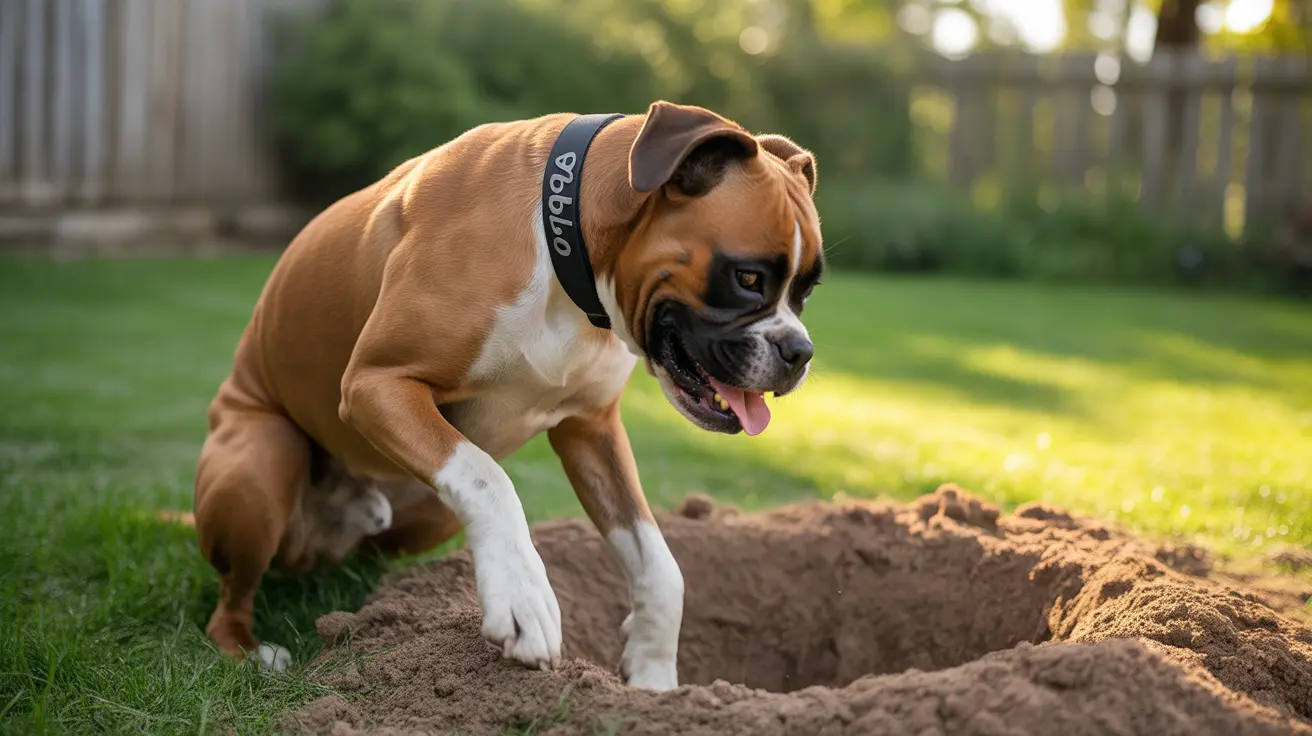 A Boxer dog digging a large hole in a grassy backyard with a wooden fence in the background