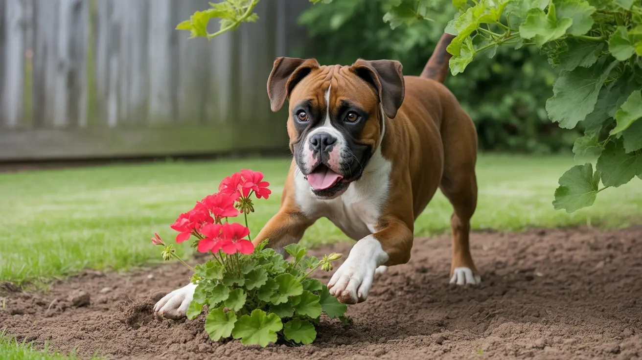 Boxer dog happily digging in garden bed near red geranium flowers