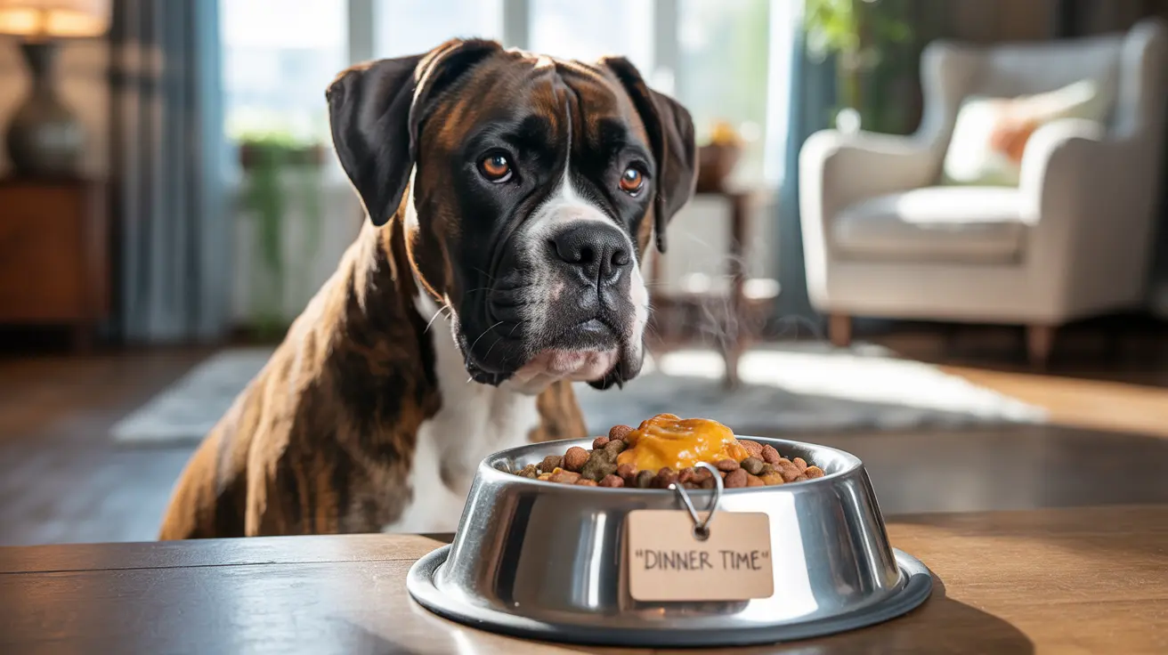 Boxer dog sitting attentively next to a food bowl labeled 'DINNER TIME' with kibble and yellow sauce topping
