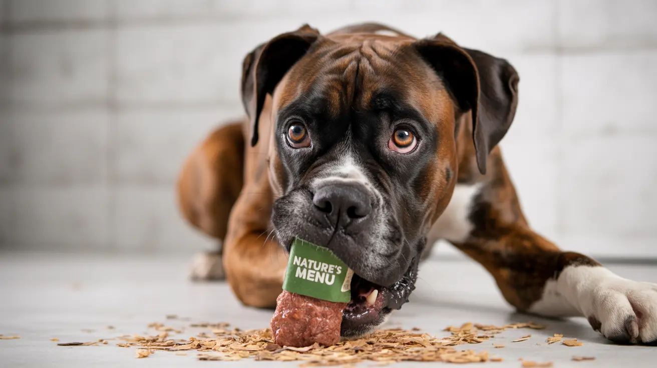 Boxer dog eating a piece of raw meat from Nature's Menu with intense, focused expression