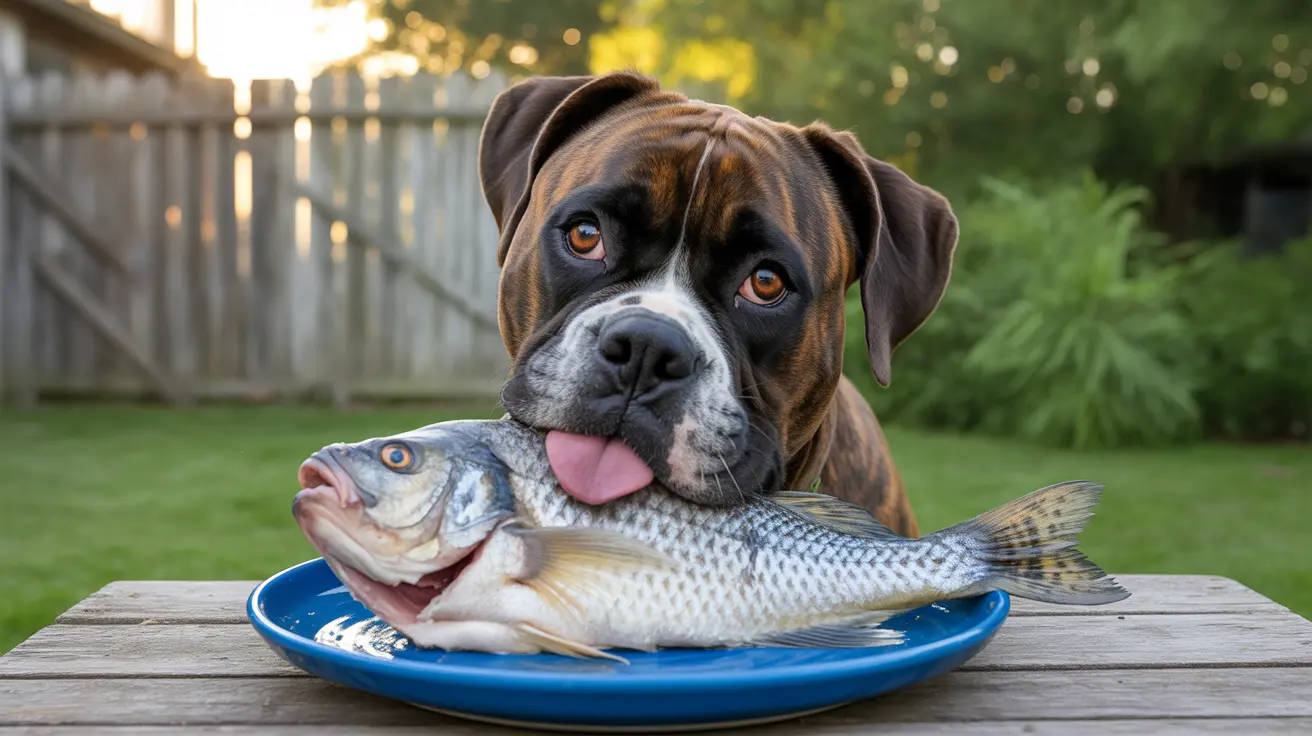 Playful Boxer dog with a humorous expression posing with a whole fish on a blue plate
