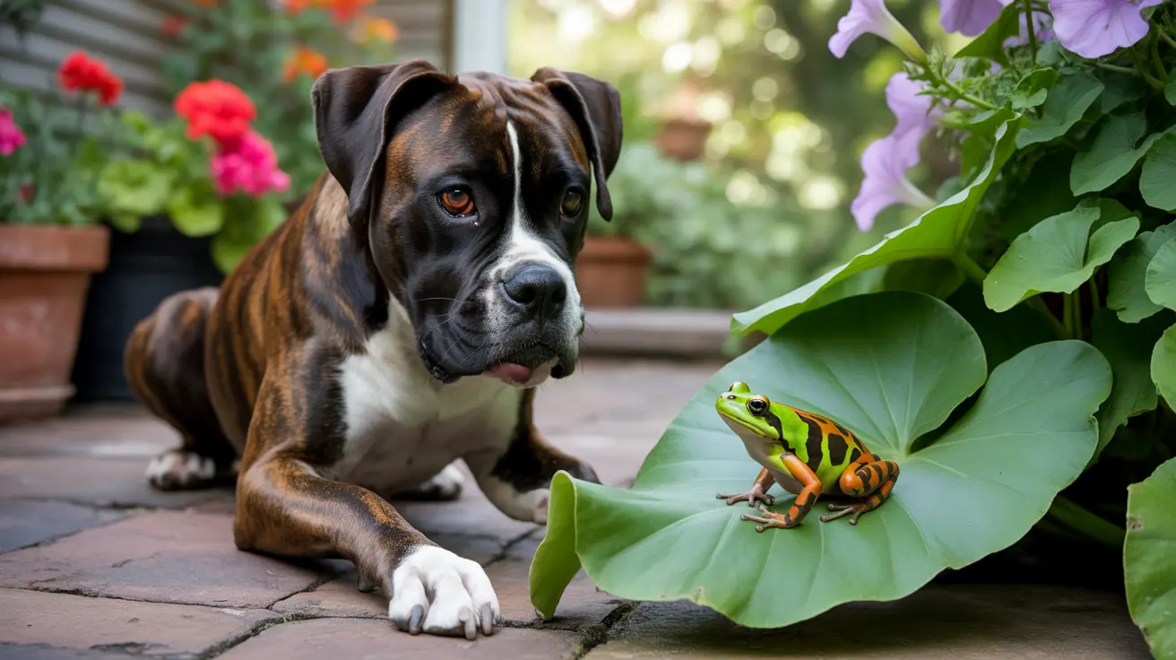 A Boxer dog sitting near a colorful frog on a large green leaf in a garden setting