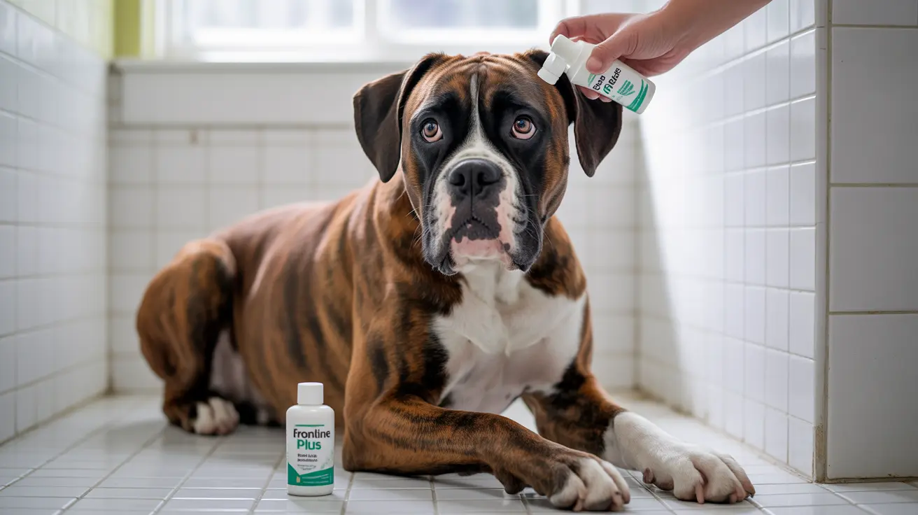 Un perro Boxer recibe la aplicación del tratamiento antipulgas y antigarrapatas Frontline Plus de una mano que coloca el medicamento en su lomo.