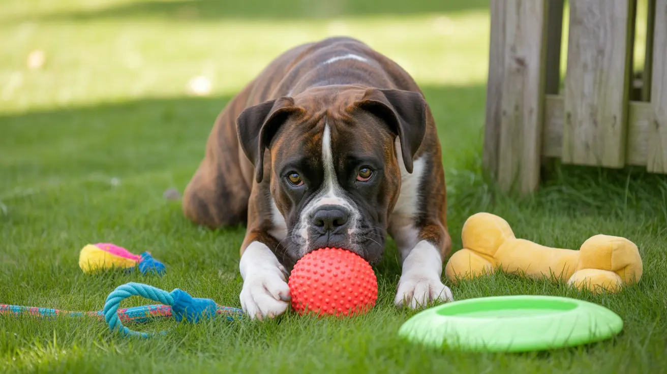 A Boxer dog lying on green grass surrounded by colorful dog toys