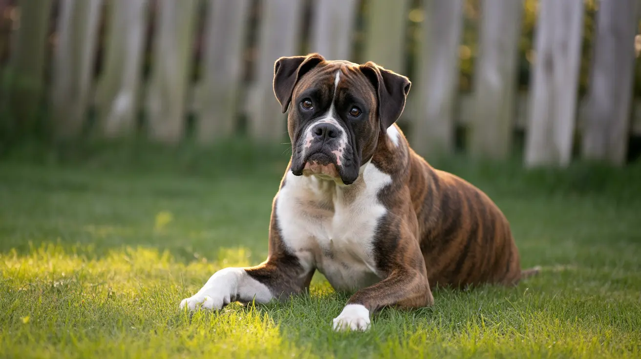 Muscular Boxer dog sitting attentively on grassy lawn near wooden fence