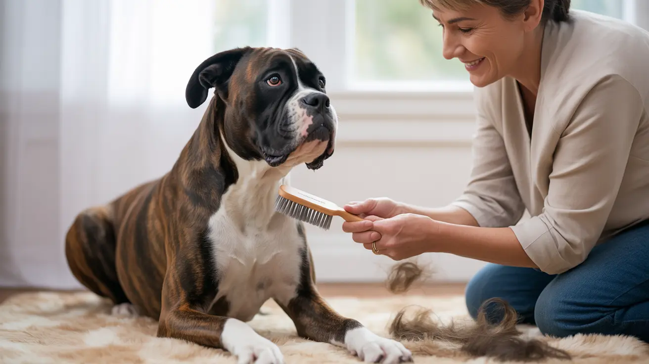 笑顔の人が家の中でブラシを使い、優しくボクサー犬の毛をグルーミングしている様子