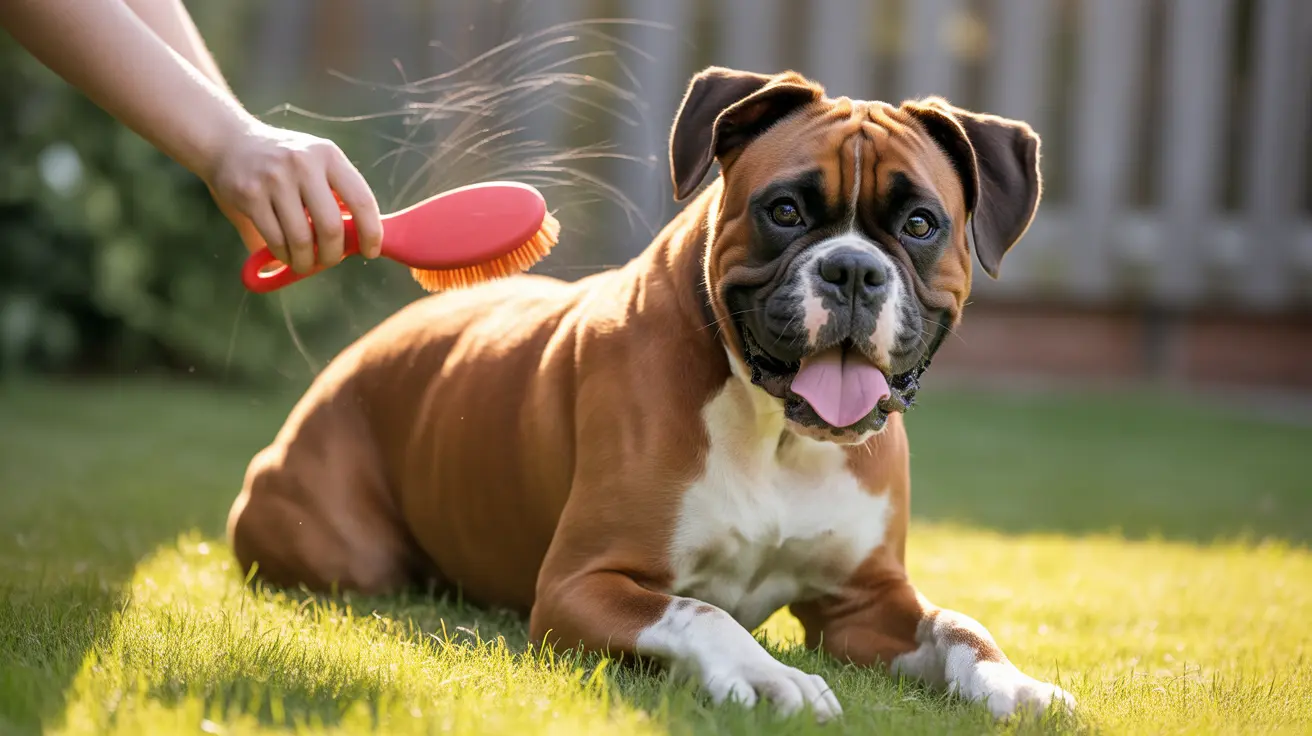 A Boxer dog sitting comfortably on a sunny lawn while being groomed with a red brush