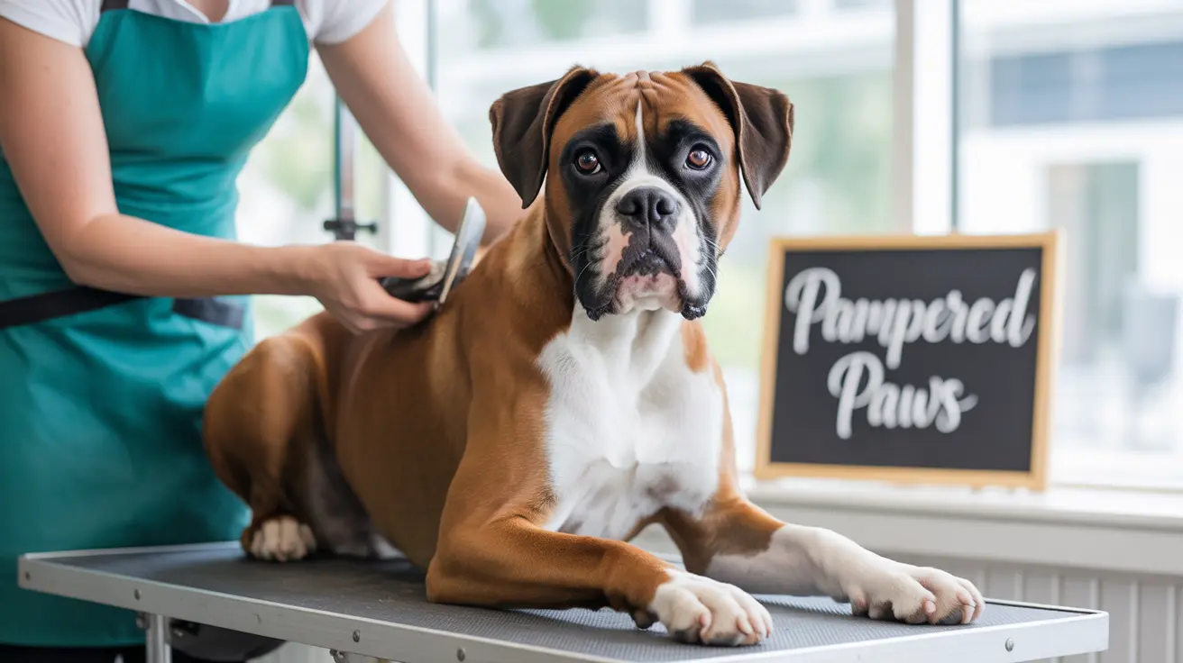 Boxer dog sitting on grooming table being prepared for grooming by a professional in a teal apron