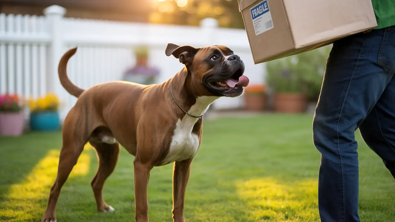 A happy Boxer dog standing in a sunny backyard, excited next to a fragile package