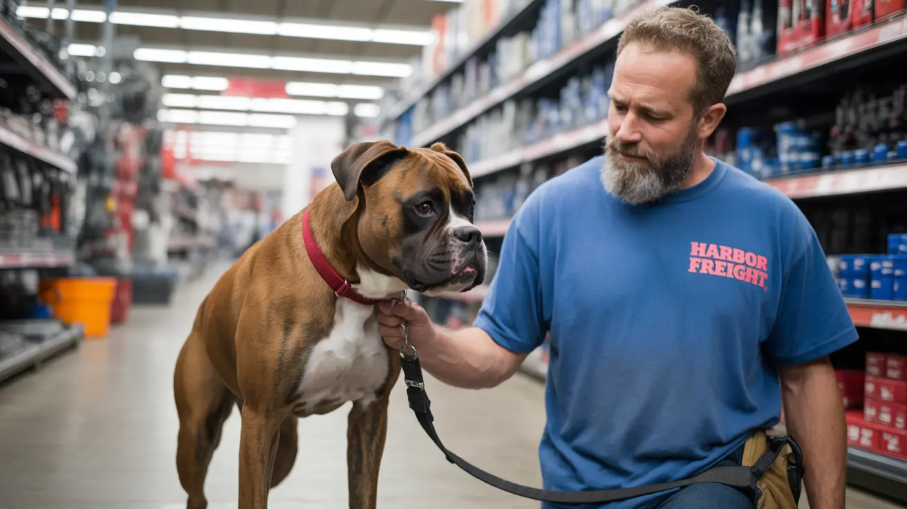 A Boxer dog standing on a leash next to a bearded man in a retail store aisle