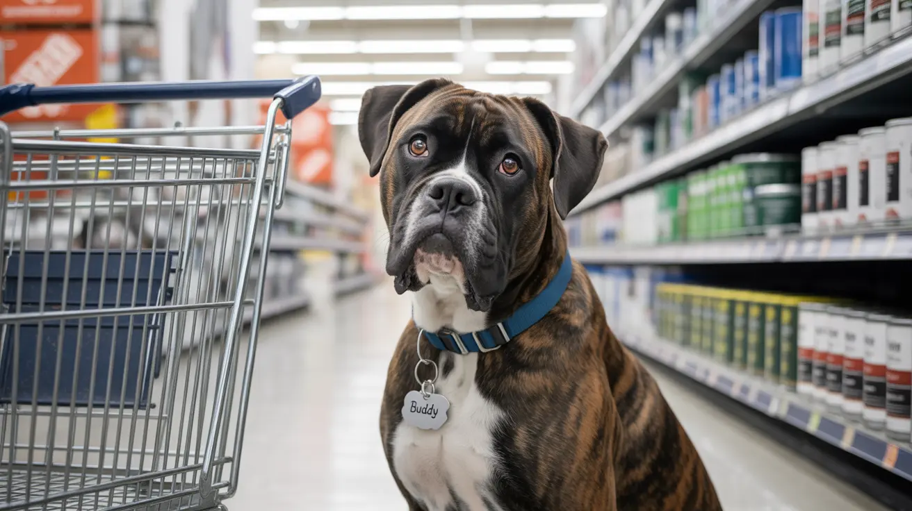 A Boxer dog sitting next to a shopping cart in a store aisle, wearing a blue collar with a name tag that reads 'Buddy'