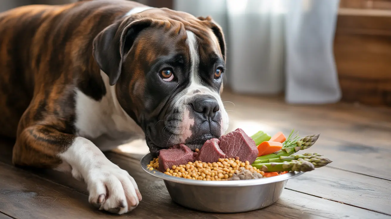 Boxer dog lying by a metal bowl filled with raw meat, vegetables, and kibble on a wooden floor