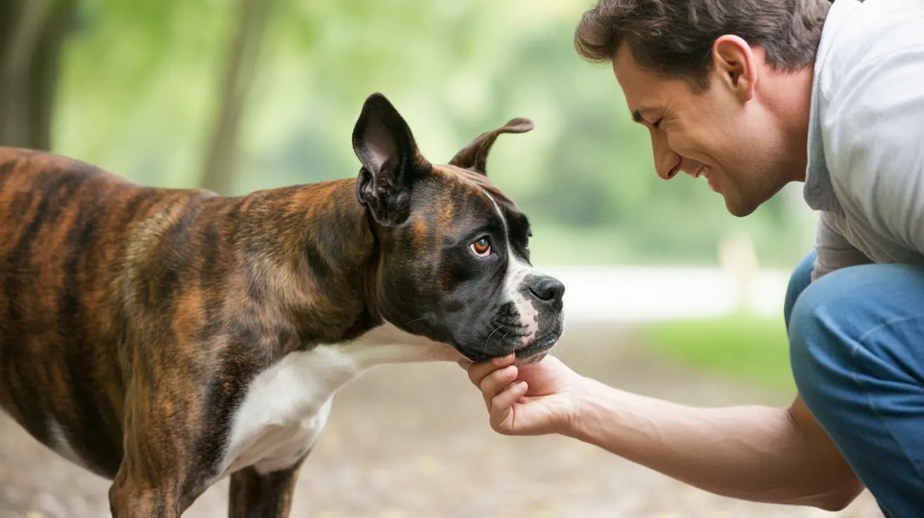 A Boxer dog and a person sharing an intimate, affectionate moment outdoors