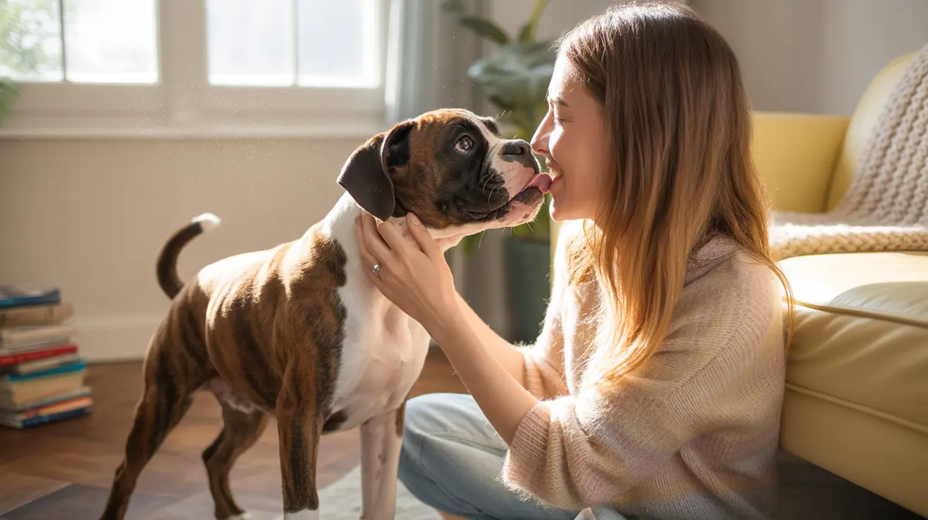 A boxer dog and a person sharing an affectionate moment indoors