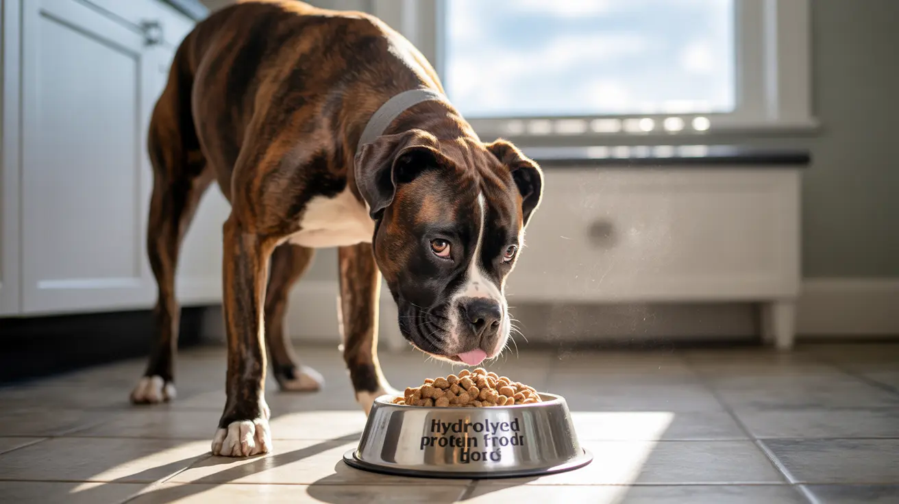 A Boxer dog standing near a bowl of hydrolyzed protein dog food, preparing to eat.