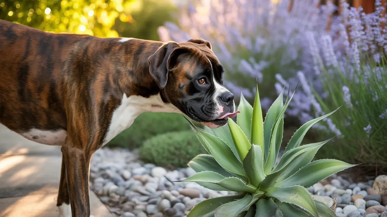 Boxer dog curiously investigating a large green succulent plant in a landscaped garden