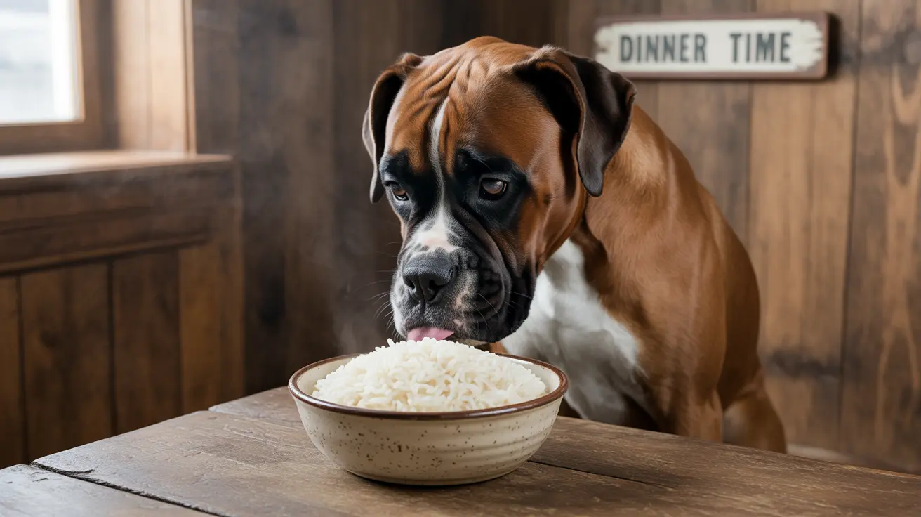 Un perro Boxer sentado en una mesa frente a un tazón de arroz blanco, observando la comida con atención