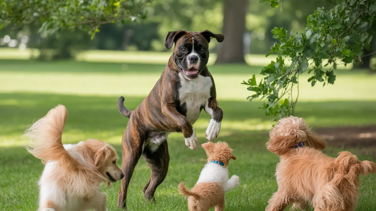 晴れた公園で、ボクサータイプの犬がジャンプしながら小さな白とゴールドの犬3匹と遊んでいる様子