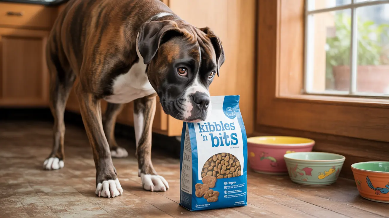 Boxer dog standing next to a bag of Kibbles n' Bits dog food in a kitchen