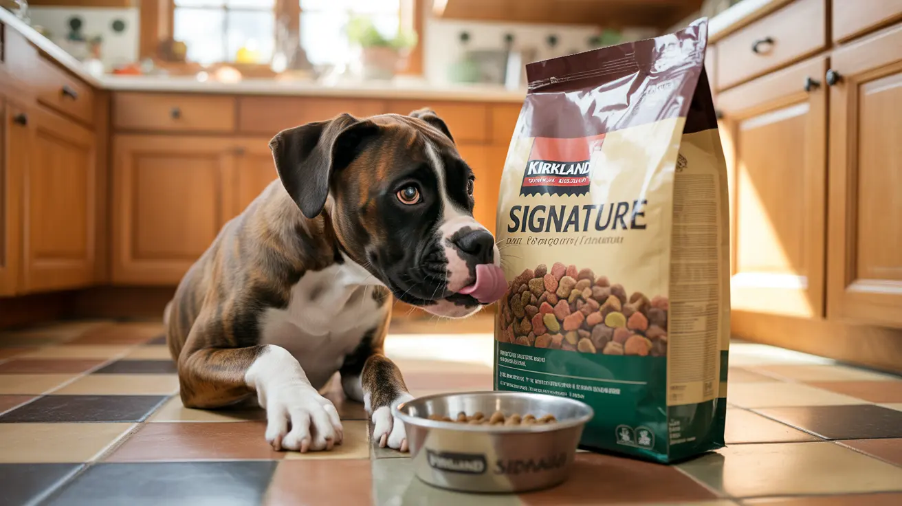 A young boxer dog sitting next to a bag of Kirkland Signature dog food and a food bowl in a kitchen