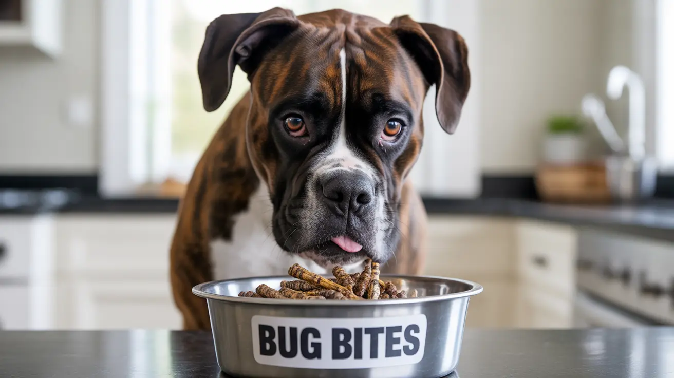 Boxer dog sitting in a kitchen looking at a metal bowl filled with insect-based dog treats labeled Bug Bites