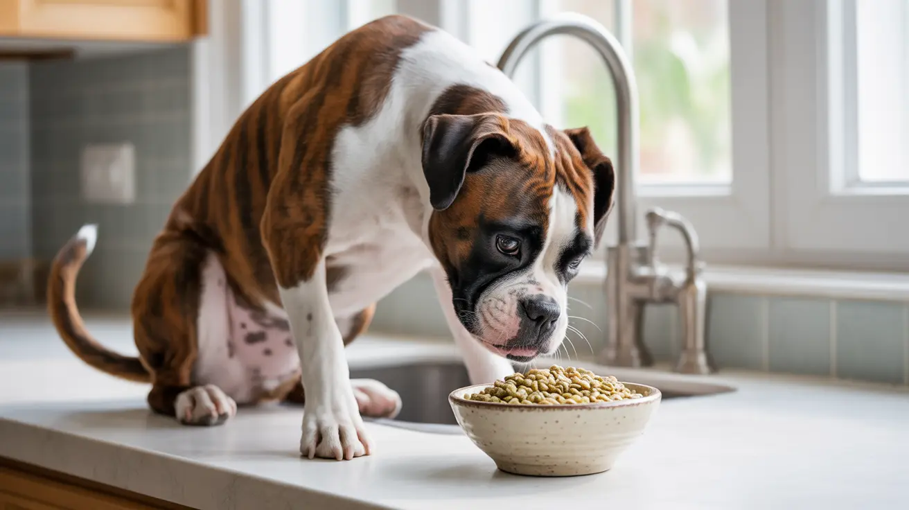 Boxer dog sitting on kitchen counter next to a bowl of dog food, looking intently at the food