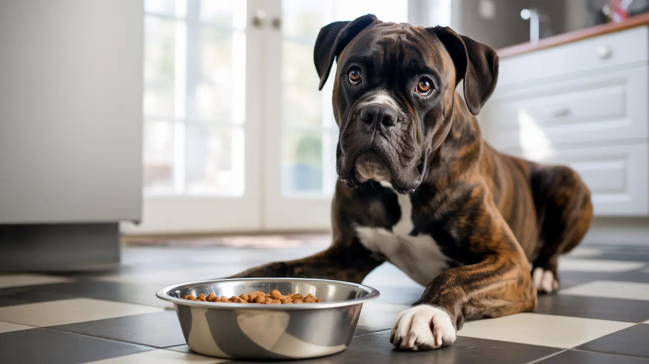 A Boxer dog sitting attentively next to a food bowl in a bright kitchen