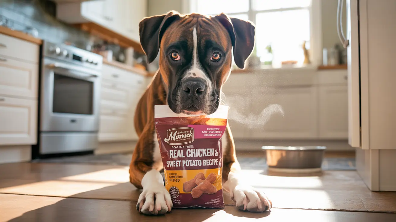 Boxer dog sitting in a kitchen with a bag of Merrick dog treats between its paws