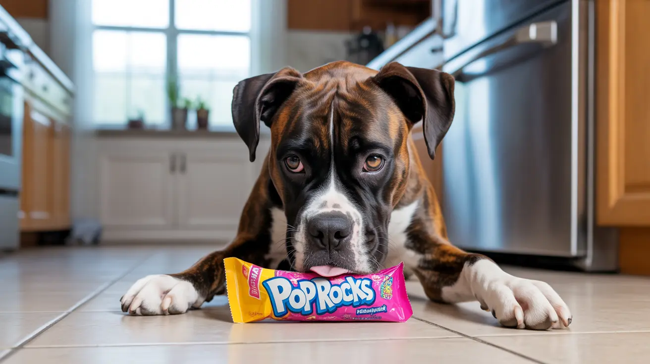 Boxer dog lying on kitchen floor looking intently at a Pop Rocks candy package