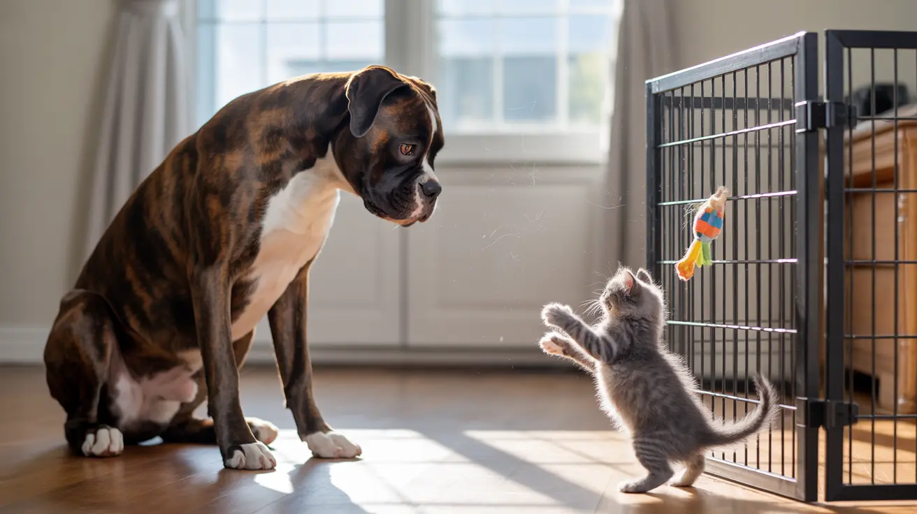A boxer-type dog sitting next to a small gray kitten playing with a colorful hanging toy near a pet crate