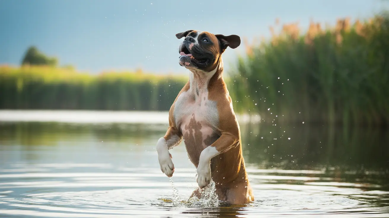 Boxer dog standing upright in a lake splashing water, looking energetic and playful